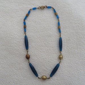 Vintage Czech Indigo Glass Bead & Brass Necklace